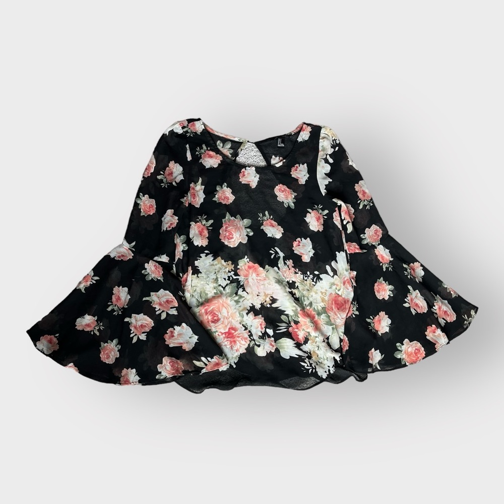 Forever 21 Black and Pink Rose Sheer Boho Hippie Bell Sleeve Top
